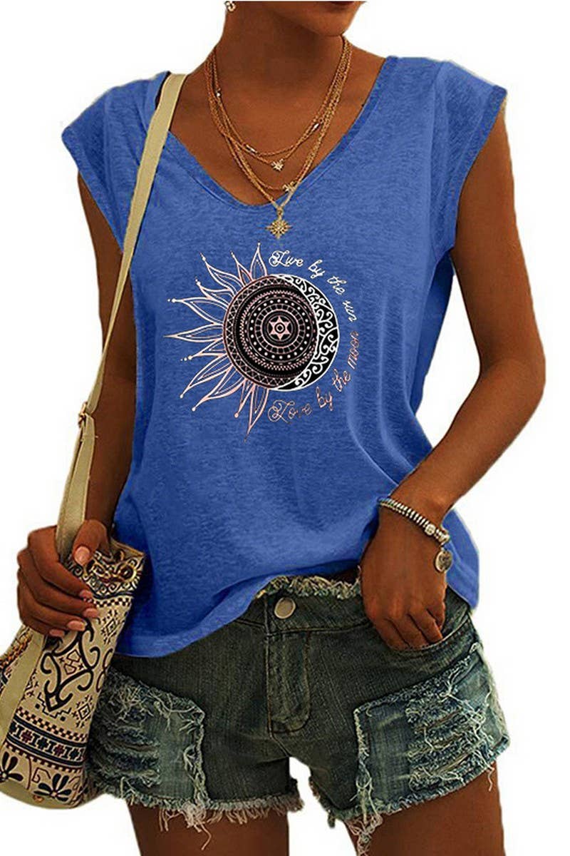 CWTTSL0407_V-NECK SUN AND MOON PRINT LOOSE T-SHIRT