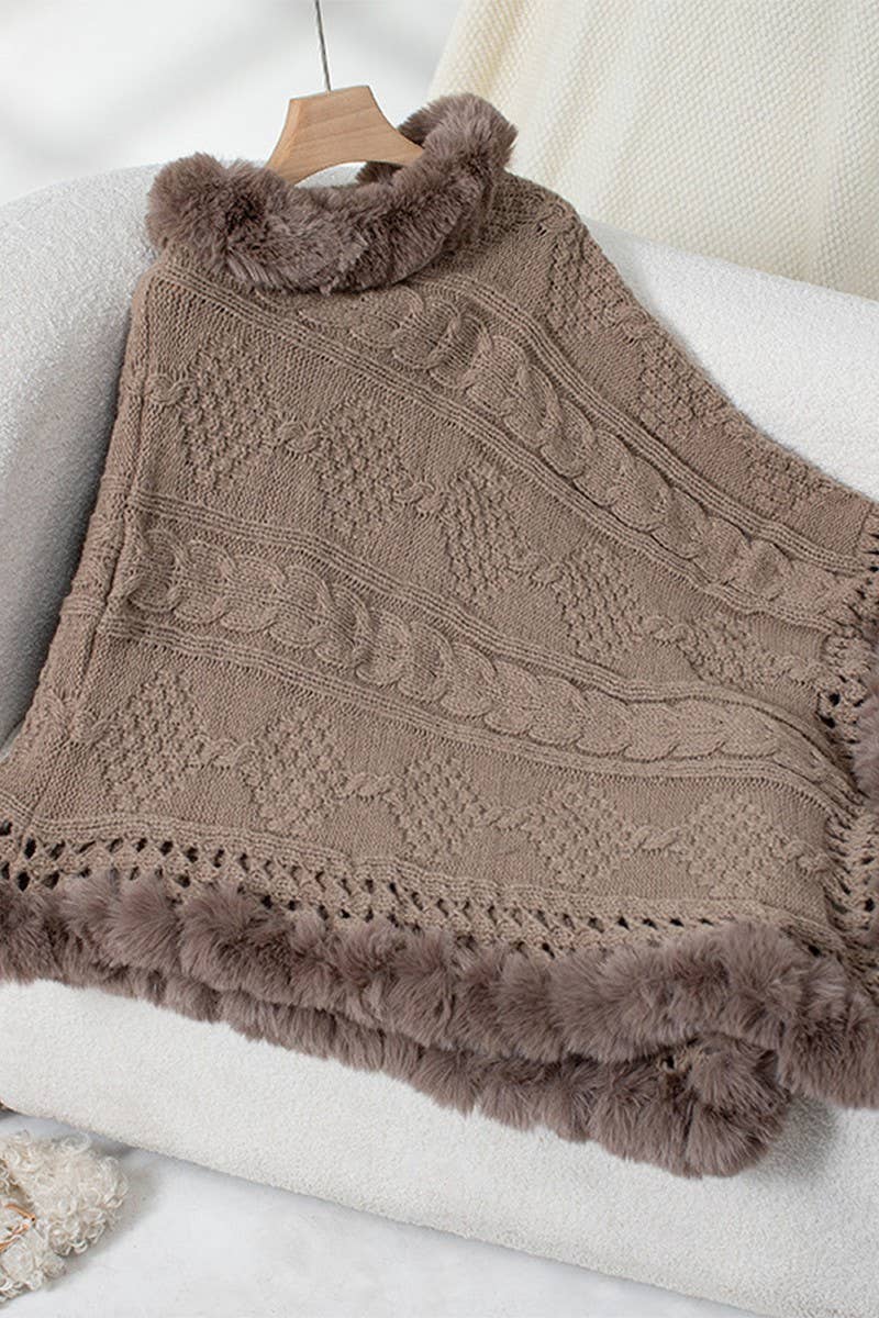 CWOSWS0093_FAUX RABBIT FUR COLLAR CABLE SWEATER CAPE COAT