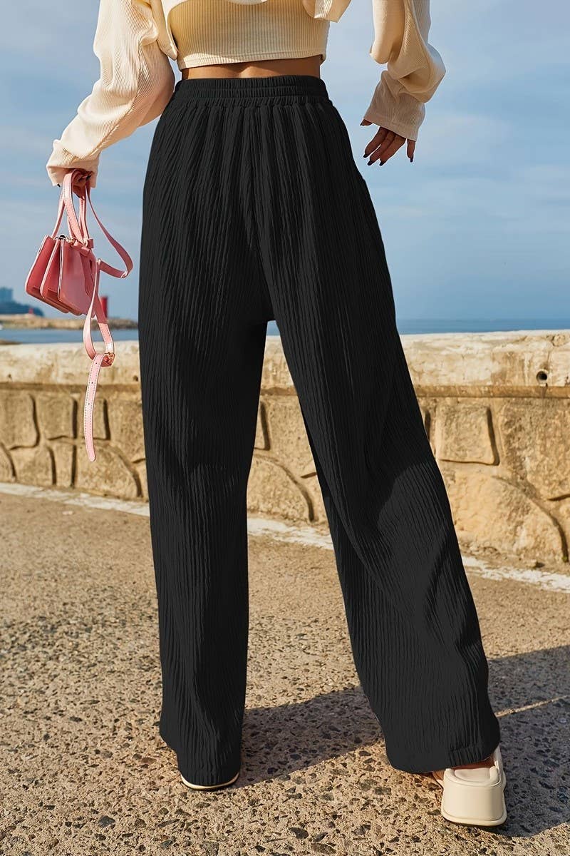 CWBLP1127_PURE BLACK DRAPE WIDE-LEG CASUAL TROUSERS
