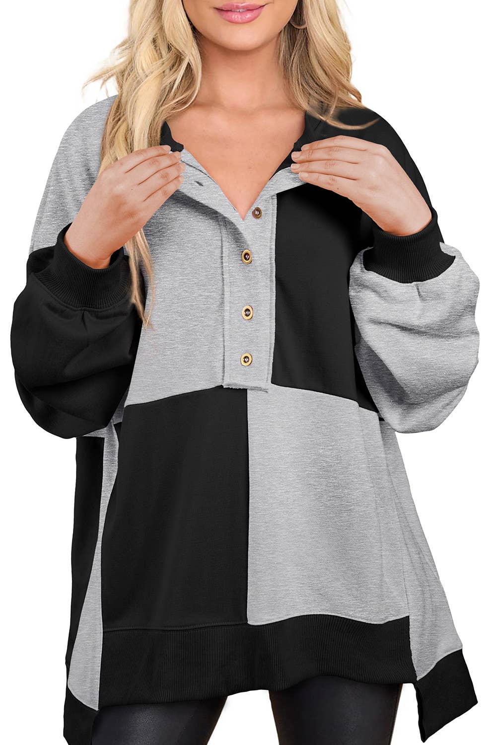 CONTRASTING FLEECE LONG LAPEL SWEATSHIRT