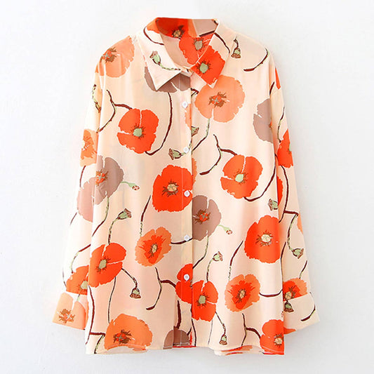 Floral vintage print loose long-sleeved shirt