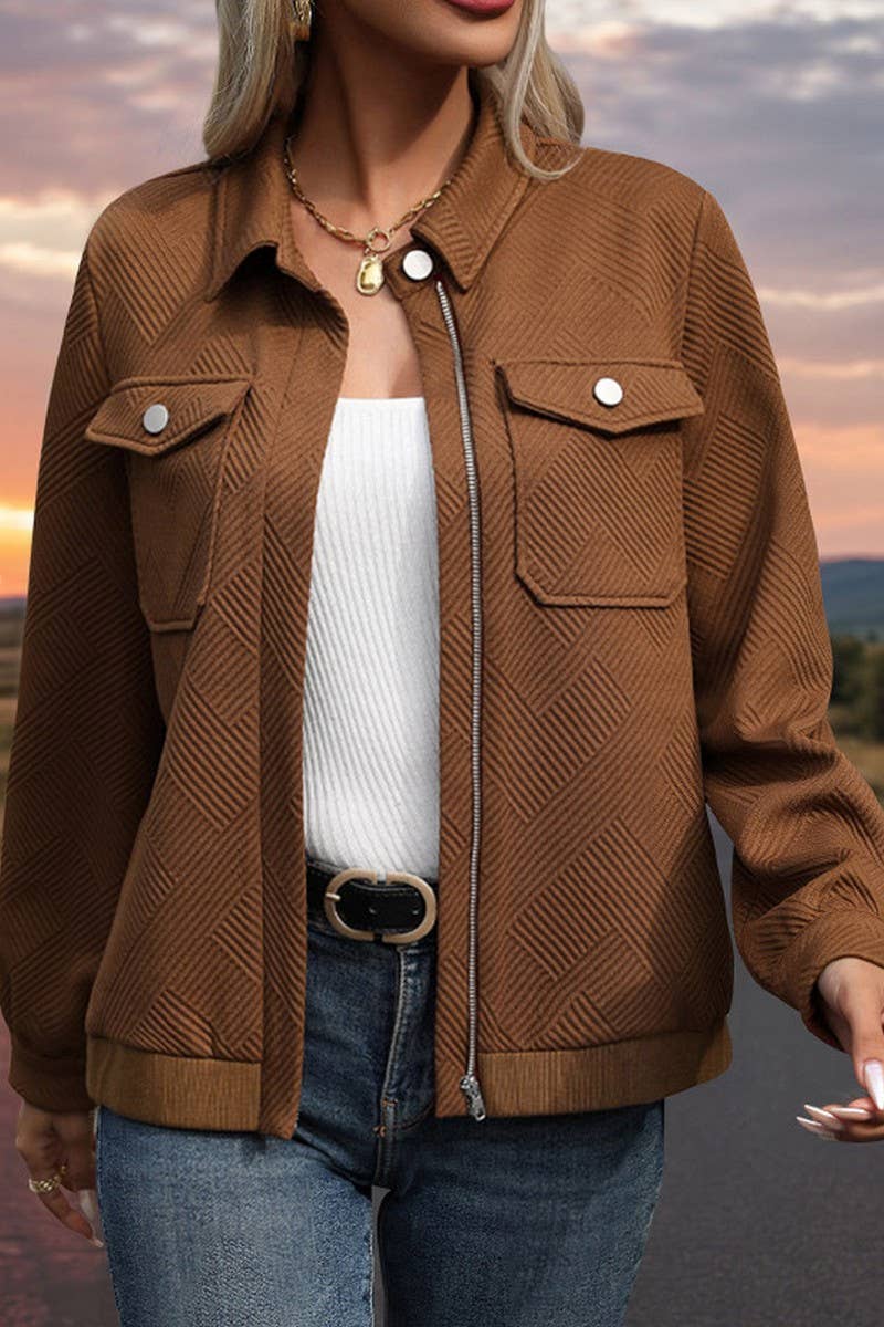 CWOJA1048_SOLID COLOR CASUAL LAPEL POCKET ZIPPER JACKET