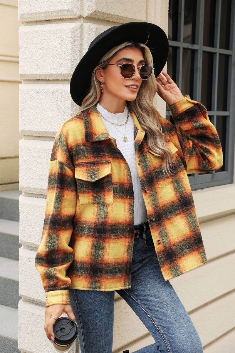 CWOCO0874_LONG SLEEVE LOOSE STRIPED PLAID CARDIGAN COAT