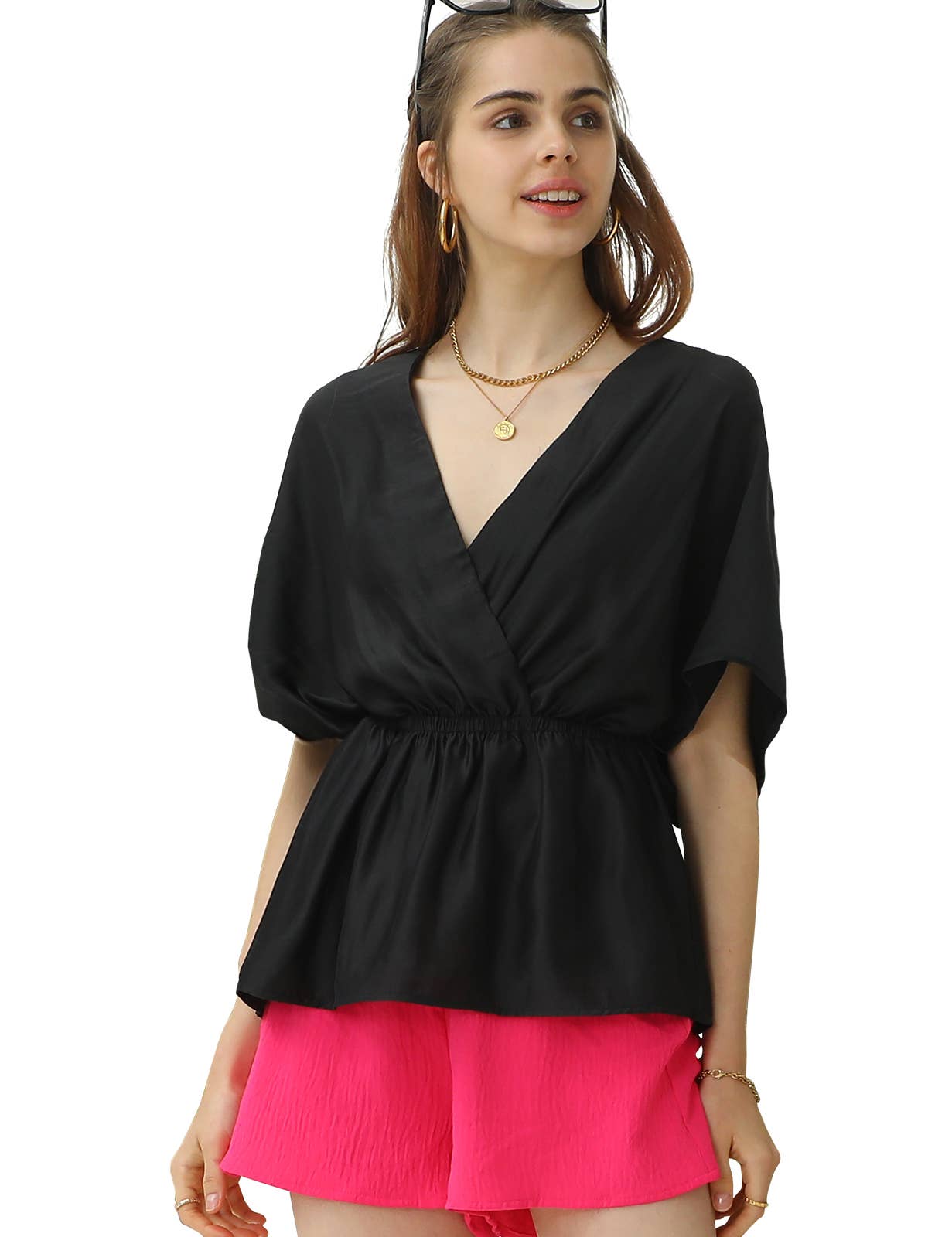 CWTBLS205_V NECK BATWING SLEEVE SLIK BLOUSE TOP