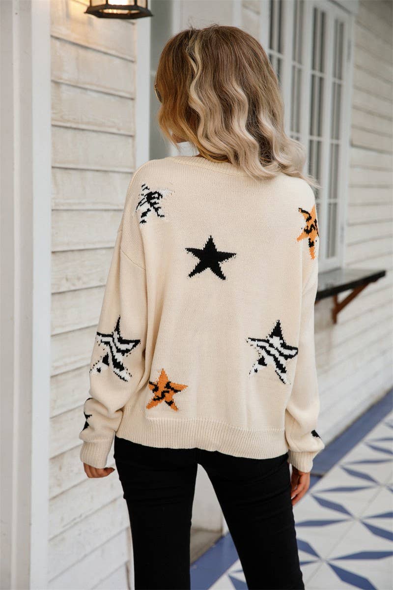 CWOSWL3149_ROUND NECK STAR LONG SLEEVE KNIT SWEATER