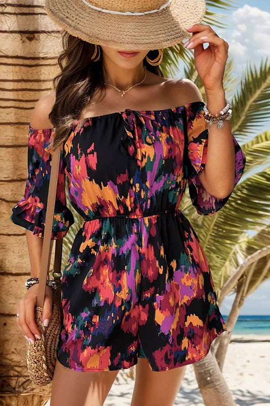 CWSJS0639_OFF THE SHOULDER RUFFLE SLEEVED SHORTS JUMPSUIT