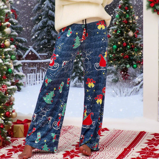 Christmas print patchwork lace-up wide-leg pants