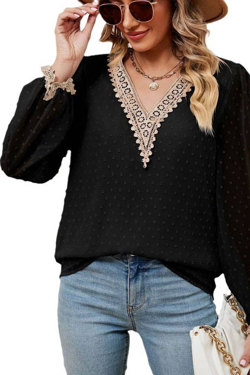 CWTBLL2386_JACQUARD V-NECK LONG-SLEEVED CHIFFON SHIRT TOP