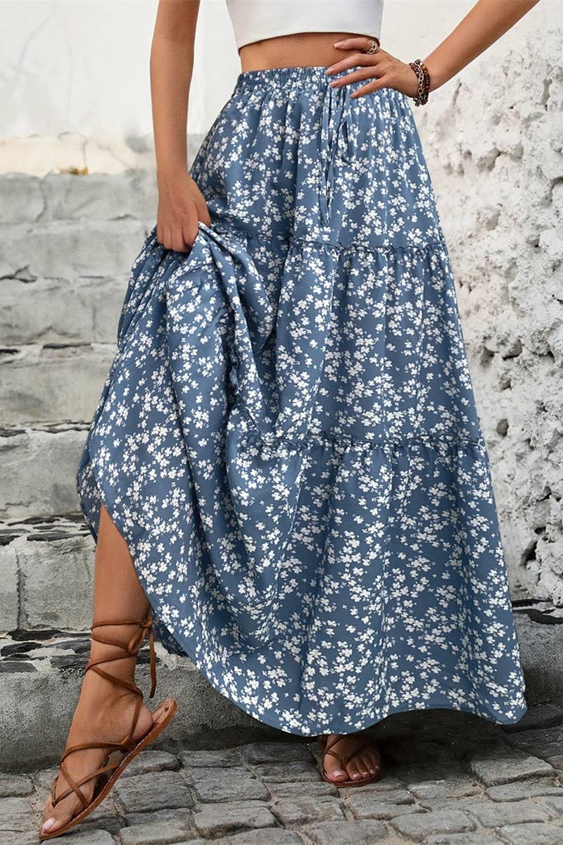 CWBLS0437_SMALL FLORAL BELT THREE-LAYER PATCHWORK LONG SKIRT