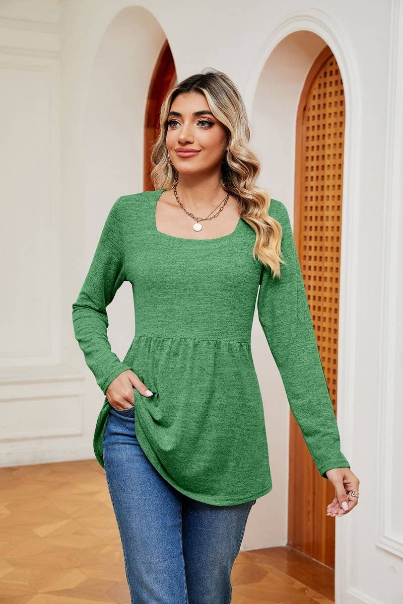 CWTBLL2397_SQUARE NECK LONG SLEEVE WAISTED MID-LENGTH TOP