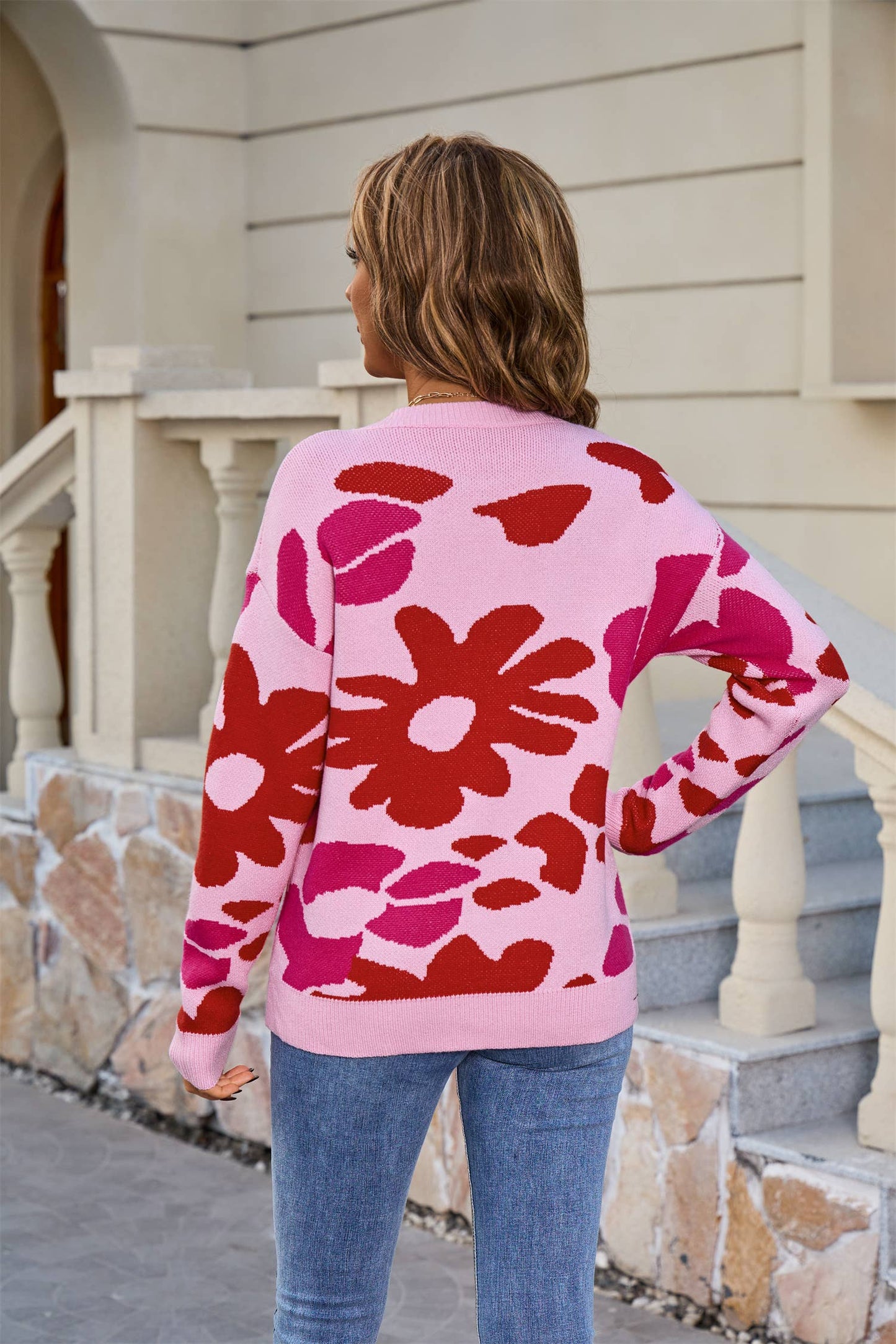 Casual versatile floral printed knitted sweater