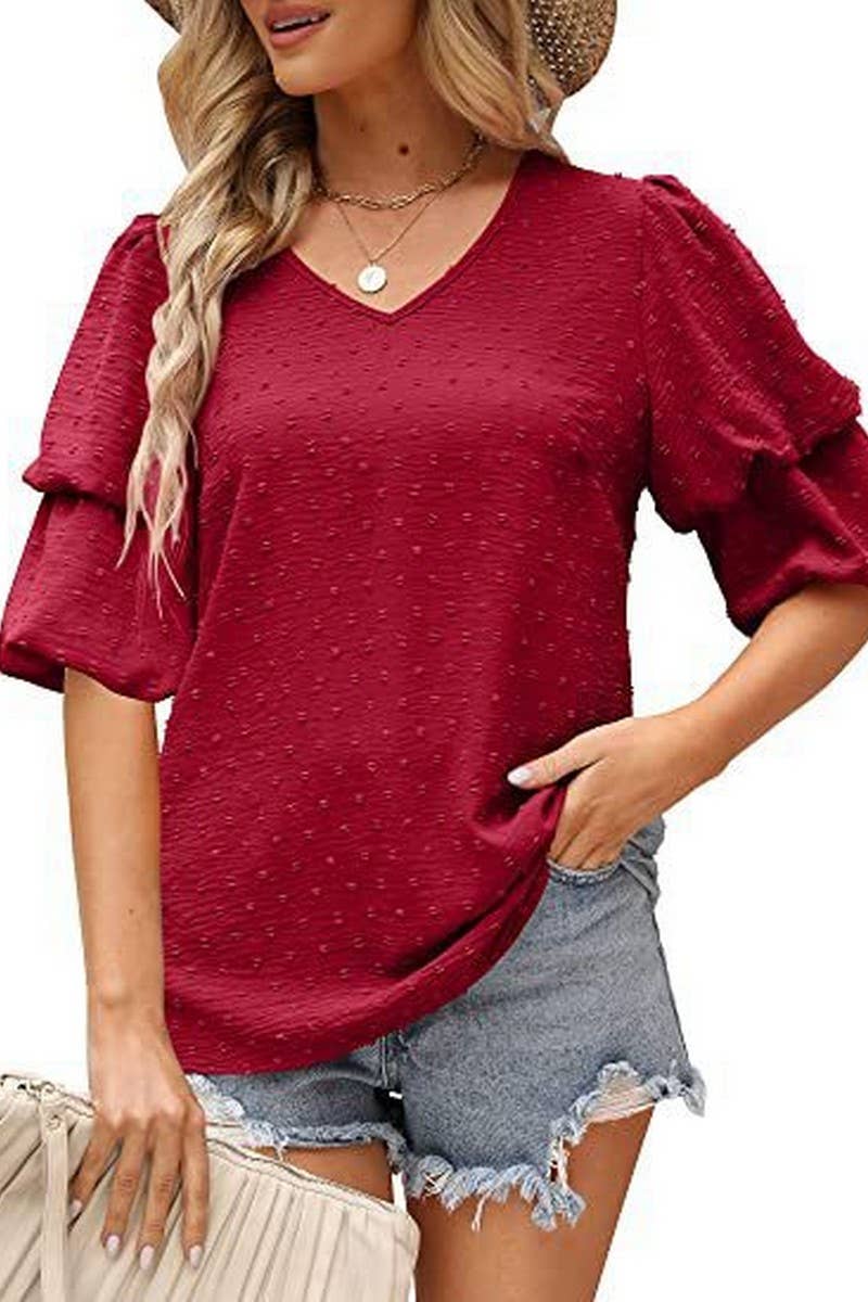 CWTBLS02488_V-NECK LANTERN SLEEVE DOT CHIFFON TOP