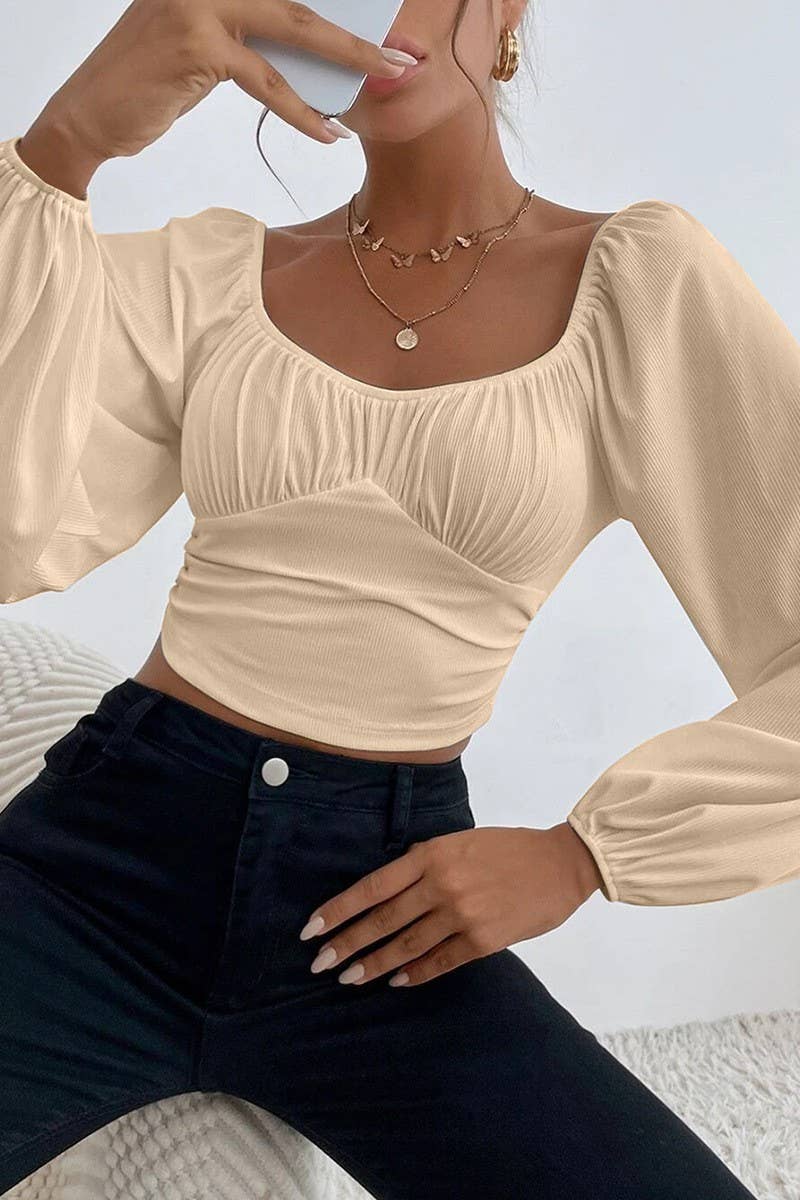 CWTBLL2226_SQUARE NECK LANTERN SLEEVES SHORT SOLID COLOR TOP