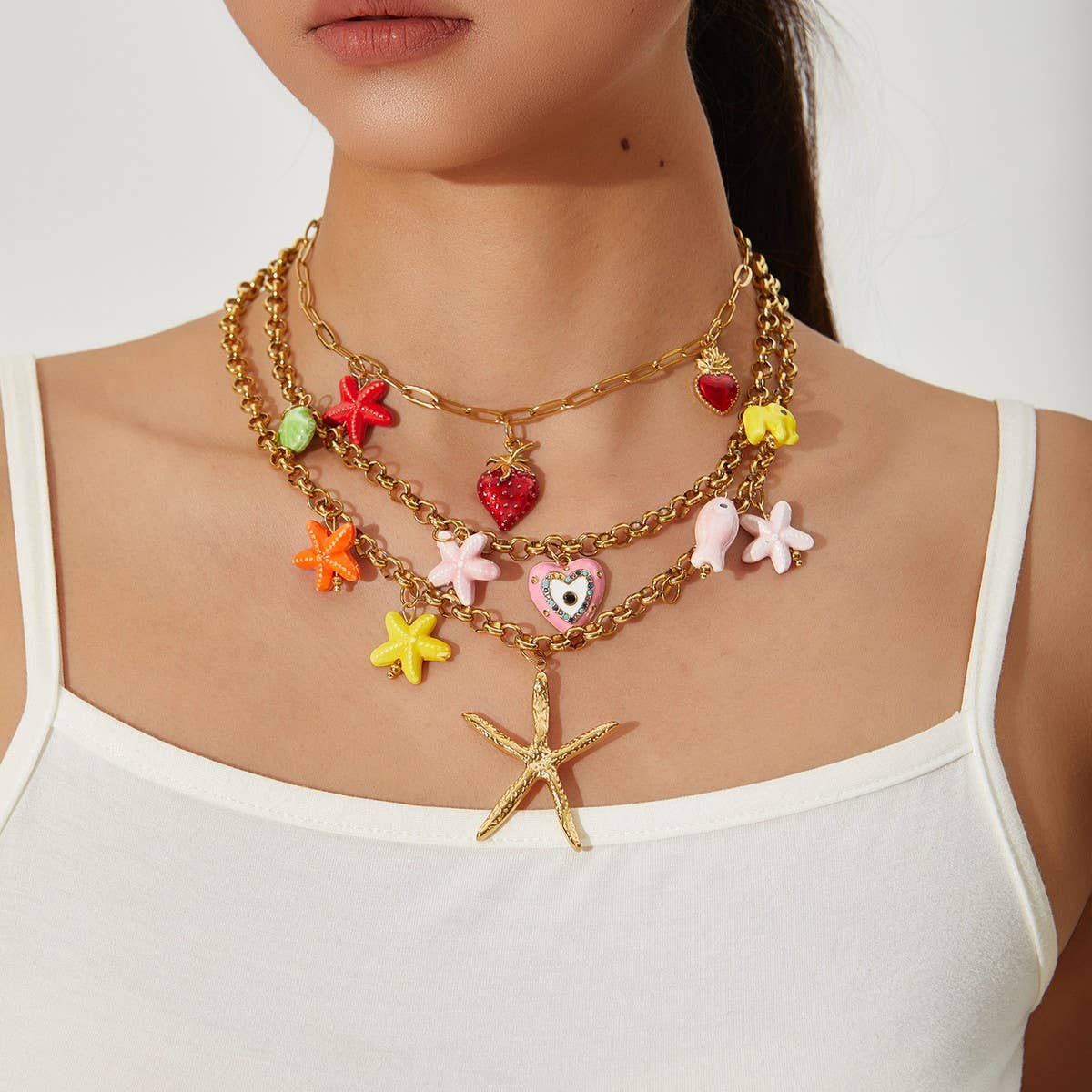 Fashion Steel Strawberry & Starfish Necklace_CWMM8823