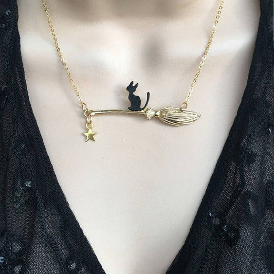 HALLOWEEN MAGIC BROOM BLACK CAT NECKLACE