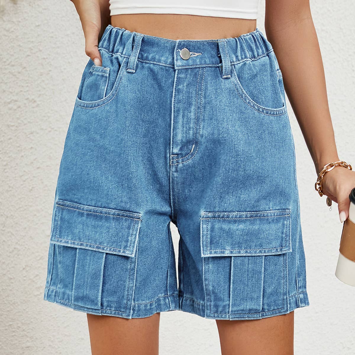 ELASTIC WAIST CARGO CASUAL DENIM SHORTS