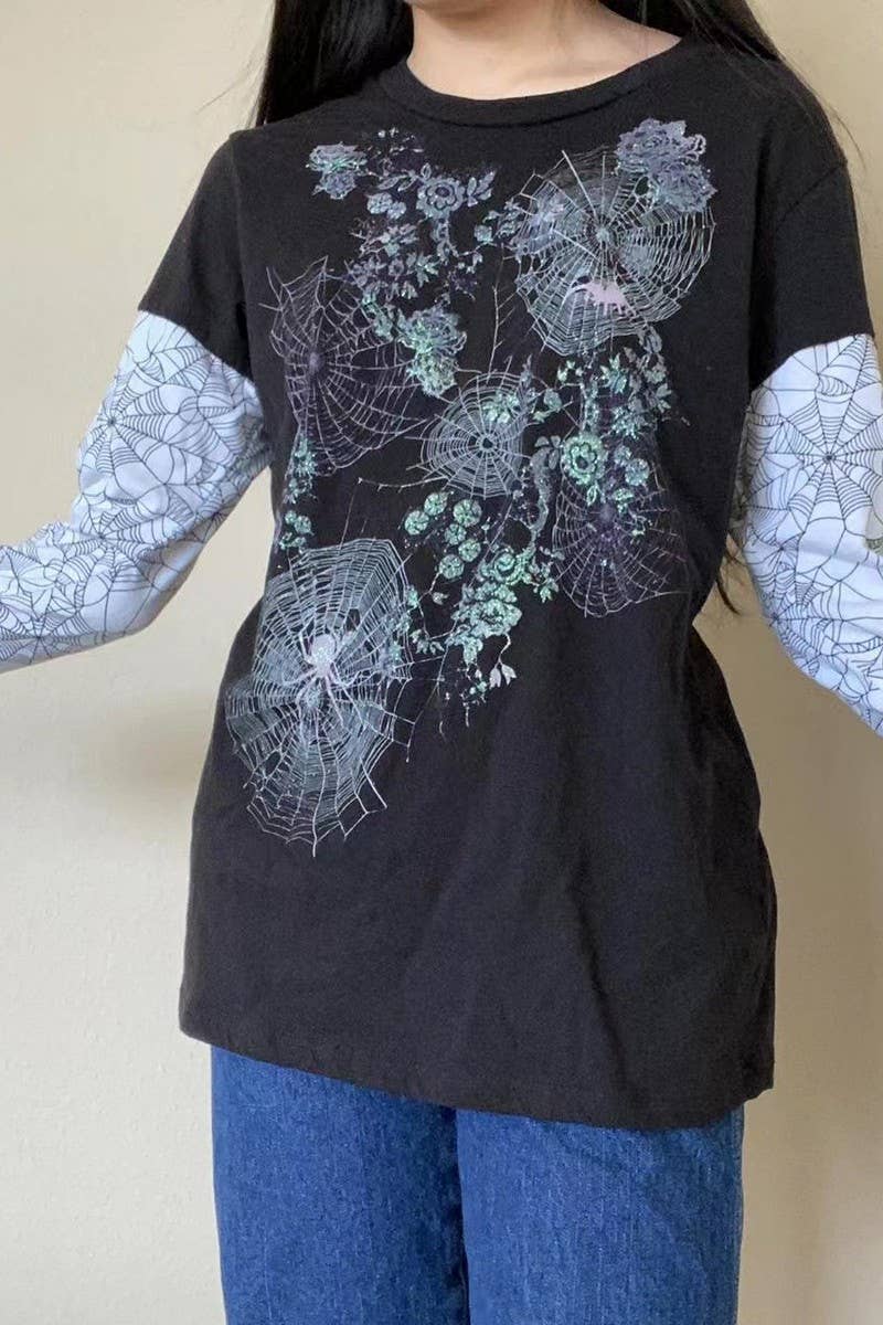 CWTBLL3166_SPIDER WEB PRINT FAKE TWO-PIECE LONG SLEEVE TOP