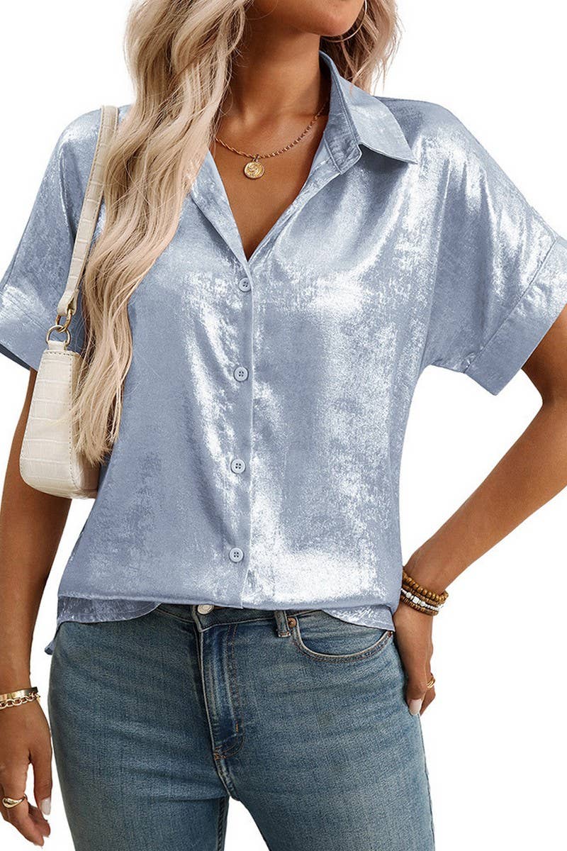 CWTBLS2257_METALLIC COLLARED SHORT SLEEVE RELAXED SHIRT