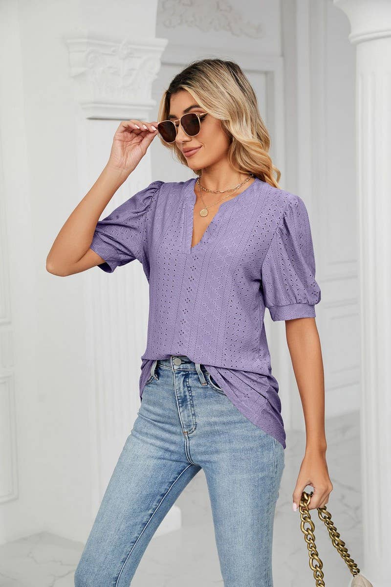 CWTSTS0358_V-Neck Short Sleeve Knit Top