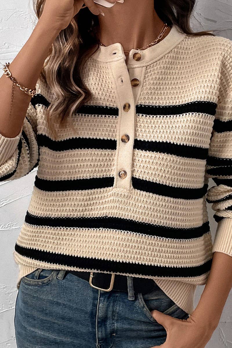 CWOSWL6835_AUTUMN BUTTON-DOWN STRIPED LOOSE SWEATER