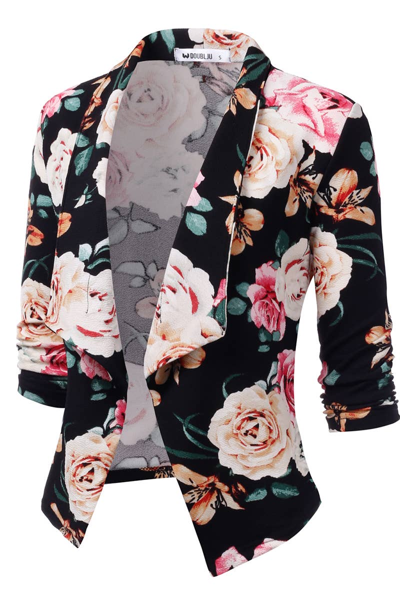 CWOBL091_Casual Work Ruched 3/4 Slv Open Front Blazer Jacket