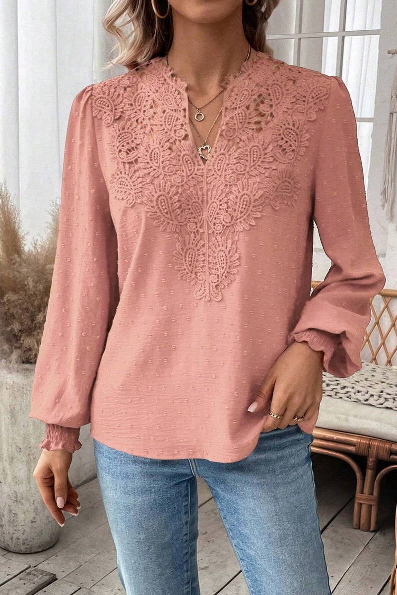 CWTTL2006_V-NECK LACE SOLID COLOR LONG-SLEEVED CASUAL TOP