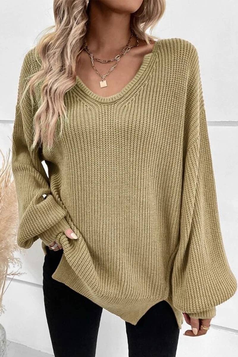 CWTBLL3567_FASHIONABLE V-NECK LOOSE LONG-SLEEVED SWEATER
