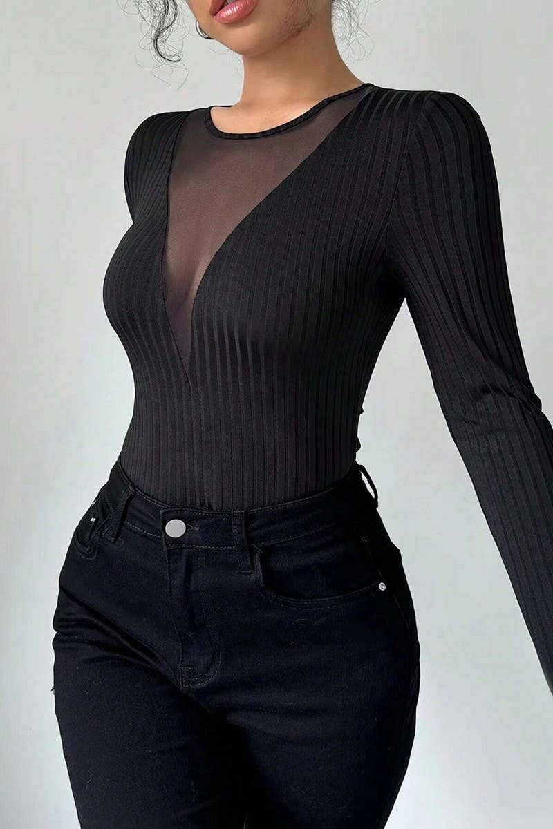 CWTBLL3506_LONG-SLEEVED MESH STITCHING HOLLOW TOP