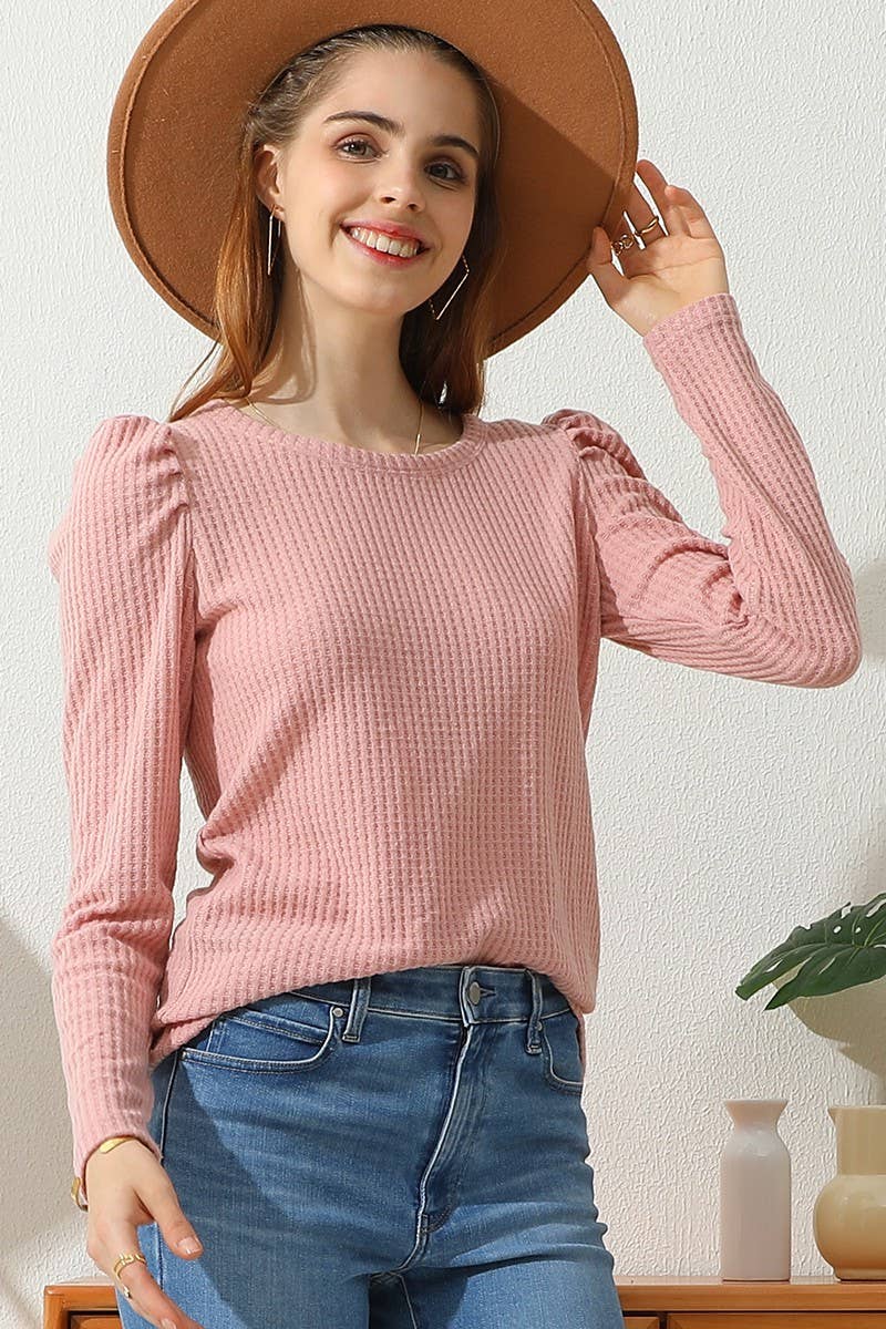 CWTTL913_PUFF SHIRRING LONG SLEEVE KNIT TUNIC WAFFLE TOP