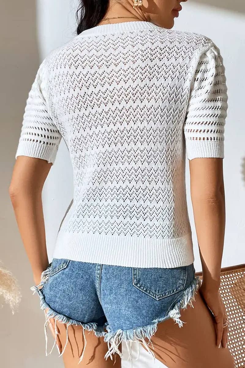 CWTBLS1766_SPRING AND SUMMER HOLLOW SOLID COLOR PULLOVER TOP