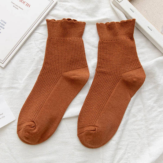 RUFFLED SOLID COLOR MID-TUBE SOCKS FOR WOMEN