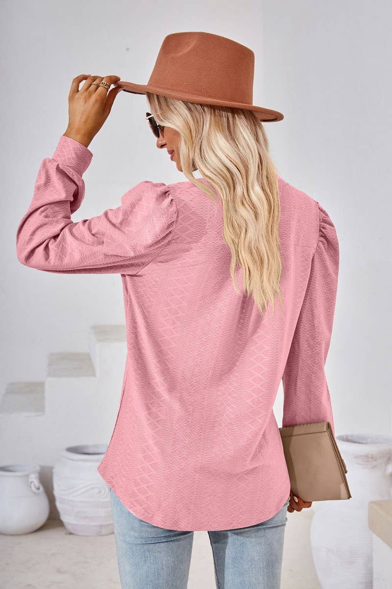 CWTBLL2374_SOLID COLOR V-NECK JACQUARD LONG-SLEEVED TOP