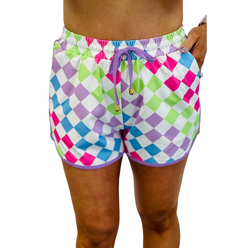 Drawstring fashionable checked print shorts