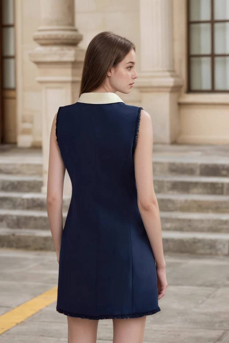 CWDSD8841_SLEEVELESS WHITE COLLAR PATCHWORK BUTTON DRESS