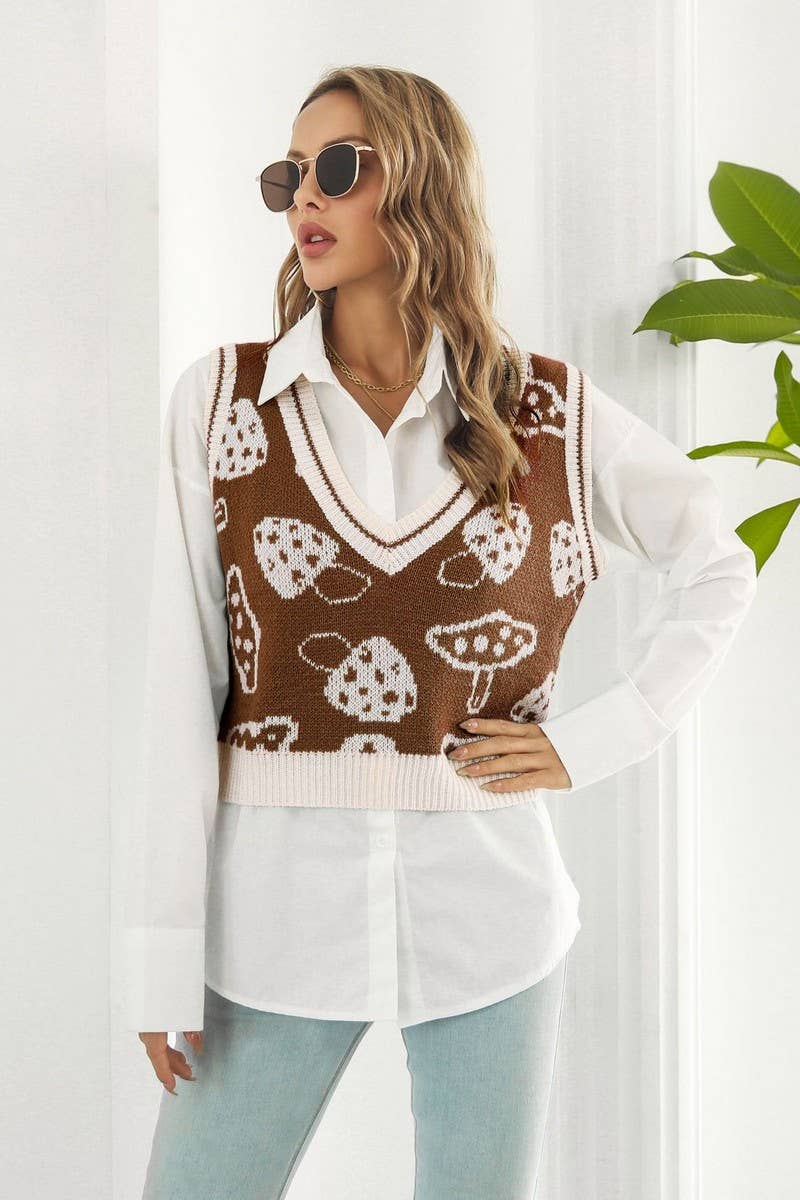 CWOV0489_MUSHROOM JACQUARD VEST SWEATER VEST