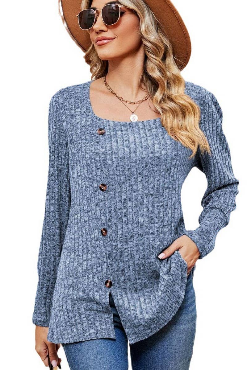 CWTBLL2372_SQUARE COLLAR BUTTON-DOWN LONG SLEEVE LOOSE TOP