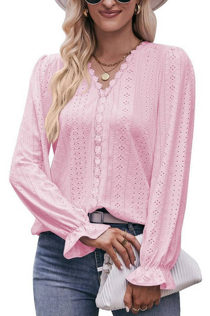 CWTBLL3761_SOLID COLOR RIPPED LACE V-NECK LONG-SLEEVED T-SHI