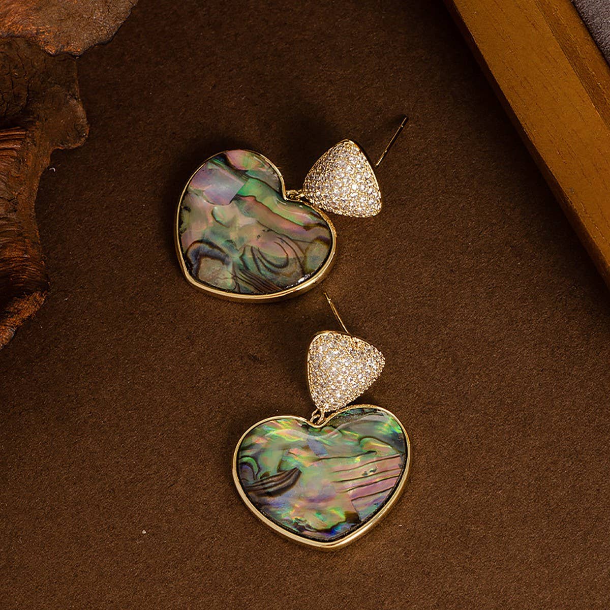 COPPER PLATED GOLD DIAMOND ABALONE EARRINGS