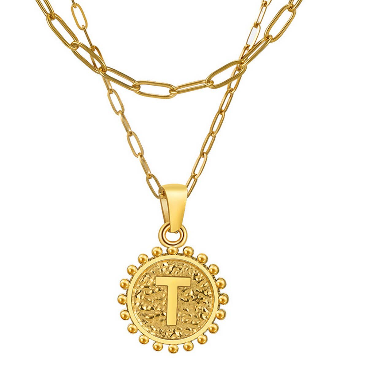 CWAJE1943_Round Paper Clip Letter Double Necklace,Gold