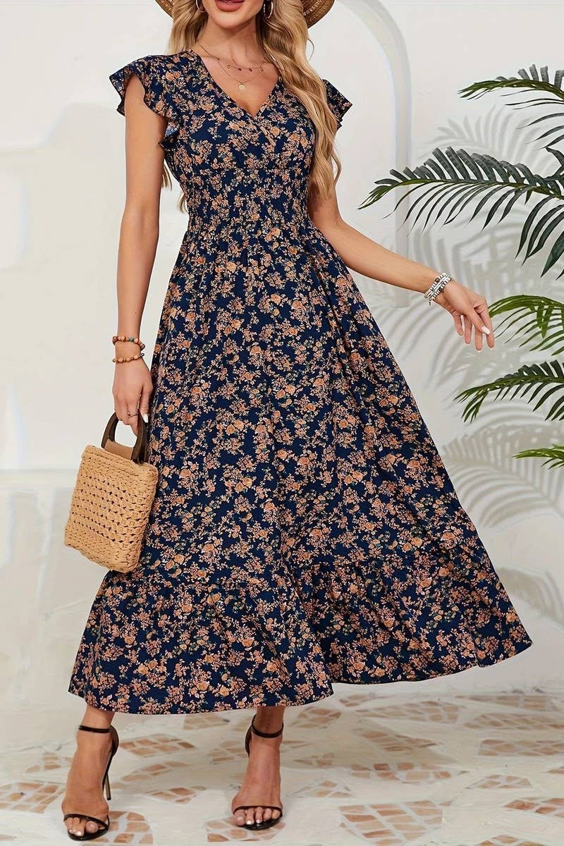 CWDMD6114_V-NECK FLORAL FRENCH STYLE SHORT SLEEVE DRESS