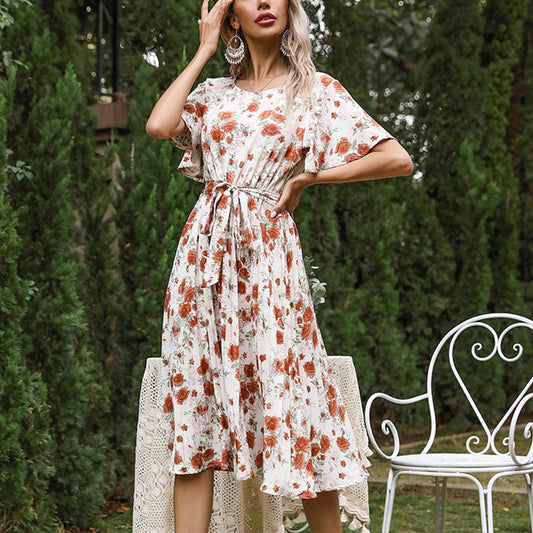 FLORAL CREW NECK LACE-UP PLEATED DRESS