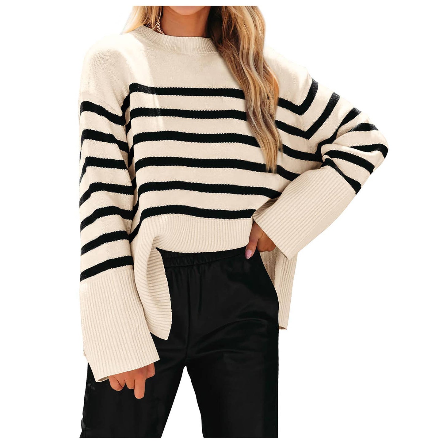 Crew-neck loose striped sweater with fat sleeves