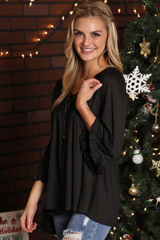 CWTTL1504_V-NECK WITH MINI RUFFLE DETAILED FLARE TOP