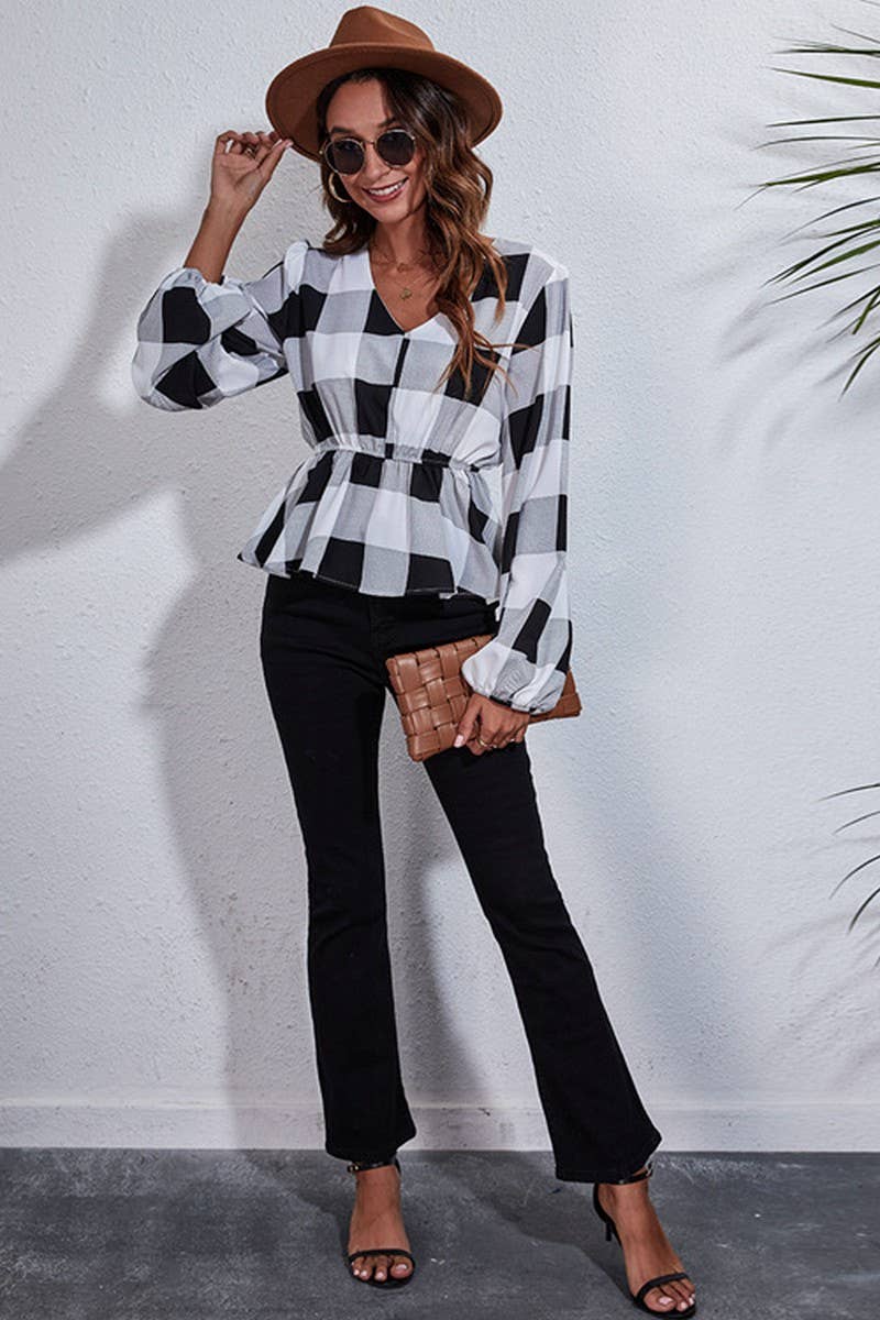 CWTBLL3750_V-NECK LANTERN SLEEVES LARGE PLAID WAIST TOP