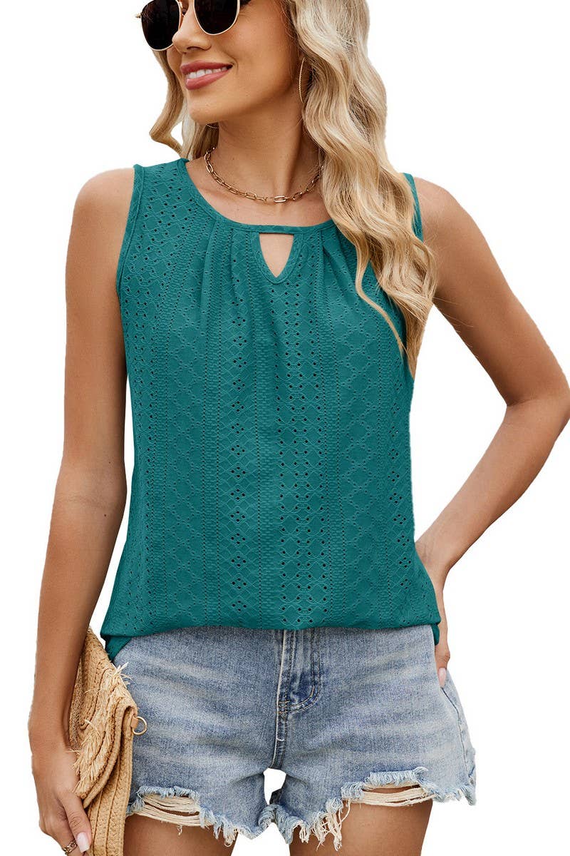 CWTTSL0316_SUMMER ROUND NECK HOLLOW PLEATED VEST T-SHIRT