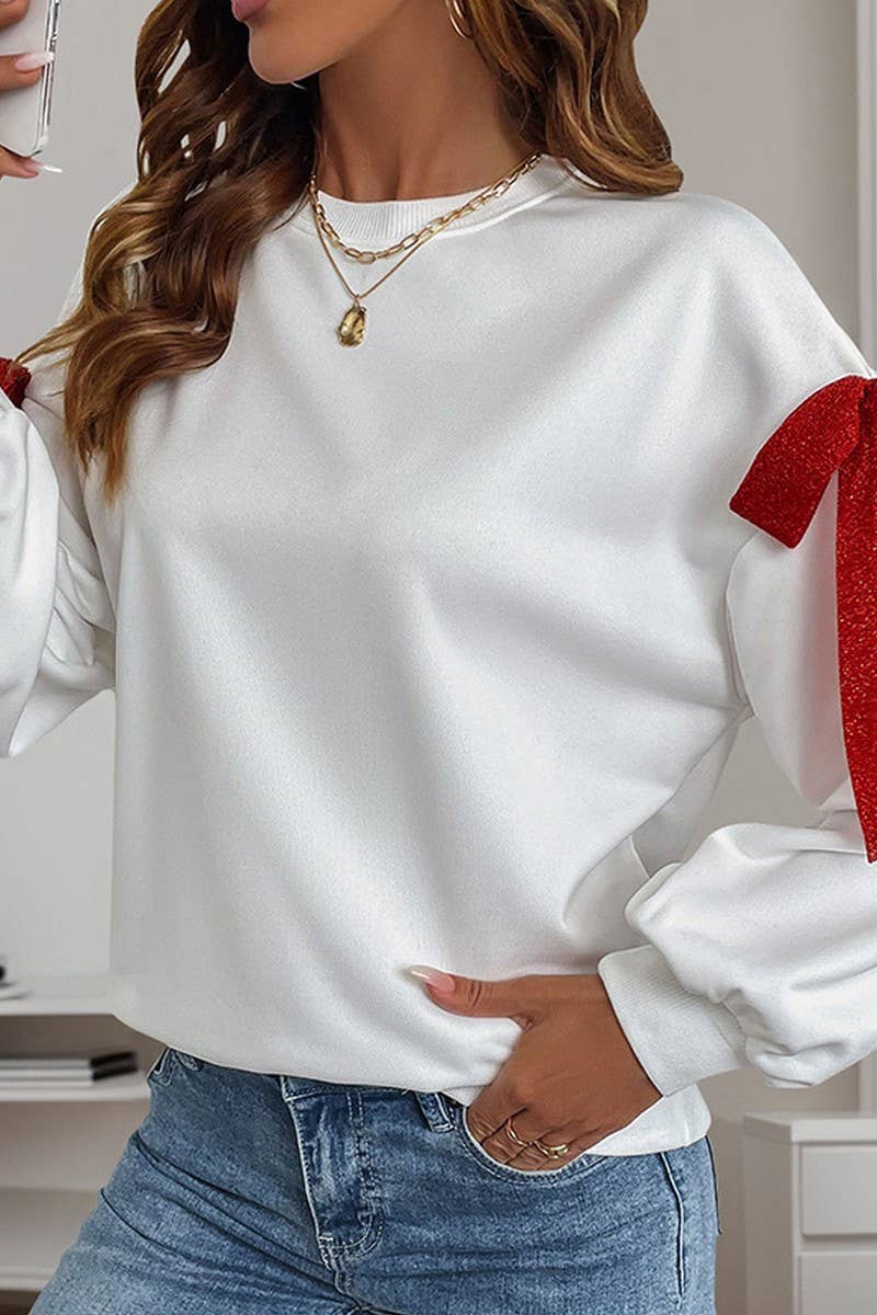 CWTBLL2467_ROUND NECK CHRISTMAS TIE BOW SWEATSHIRT