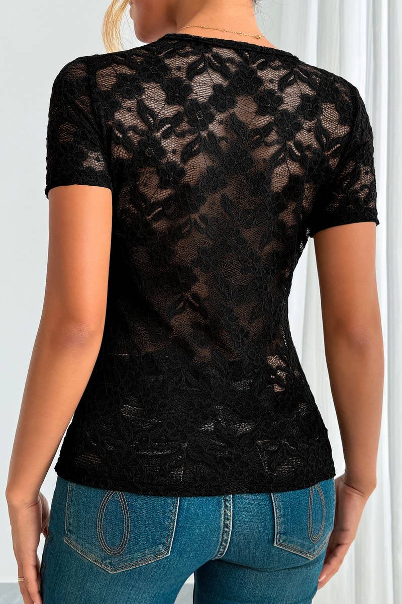 CWTBLS2121_SOLID SLIM FIT V-NECK LACE SHORT SLEEVE TOP
