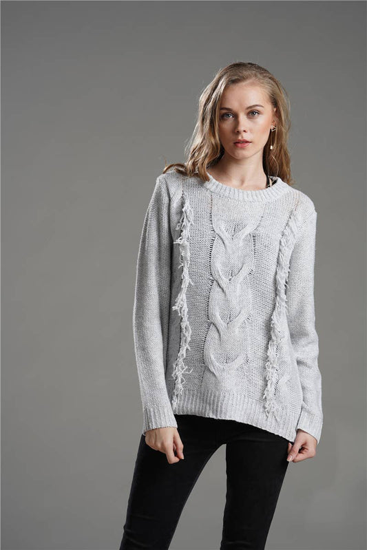 Crewneck long-sleeved pullover sweater with fringe