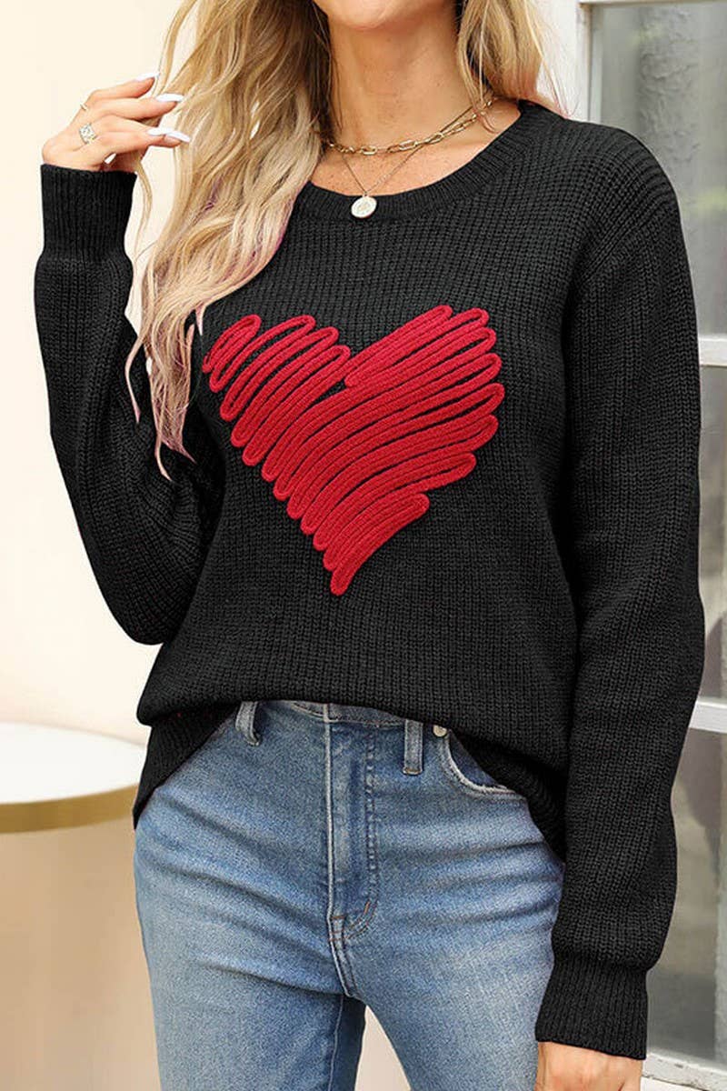 CWOSWL5811_HEART EMBROIDERED LOOSE CREW NECK SWEATER
