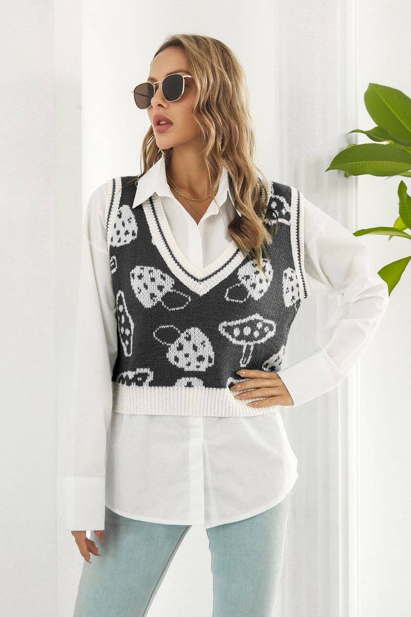 CWOV0489_MUSHROOM JACQUARD VEST SWEATER VEST